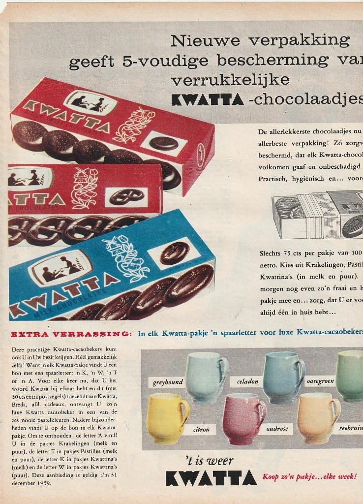 retro reclame 1959 Kwatta chocola spaar voor bekers, Verzenden, Overige typen