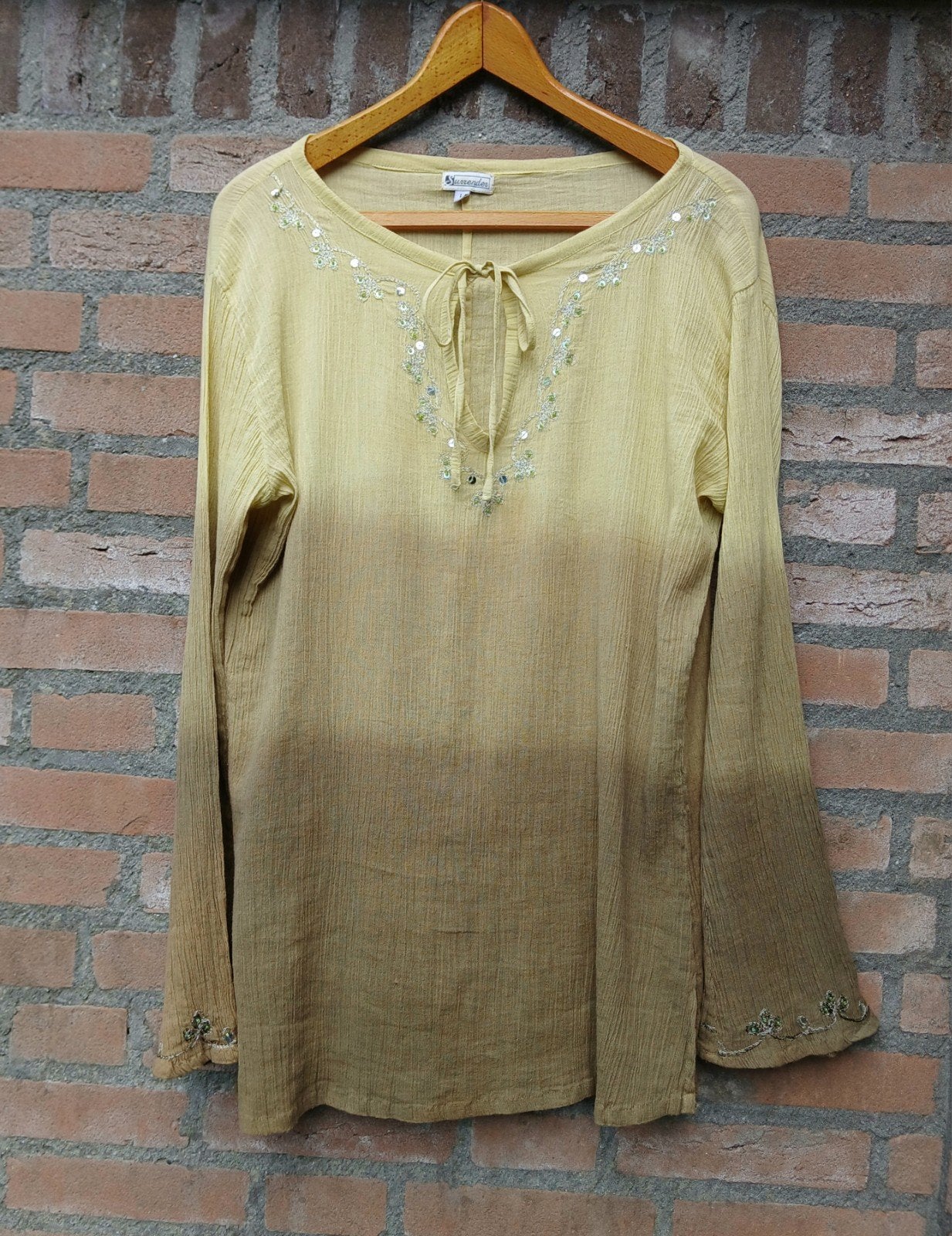 Geel beige bruine ombre mousseline tuniek top Maat L / 40, Ophalen of Verzenden, Zo goed als nieuw, Maat 38/40 (M), Geel