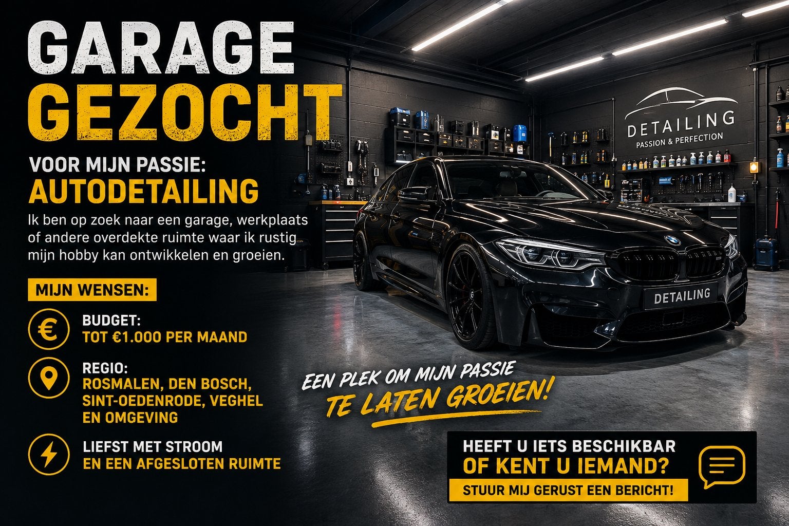 Garage gezocht – voor mijn passie in autodetailing, Ophalen of Verzenden