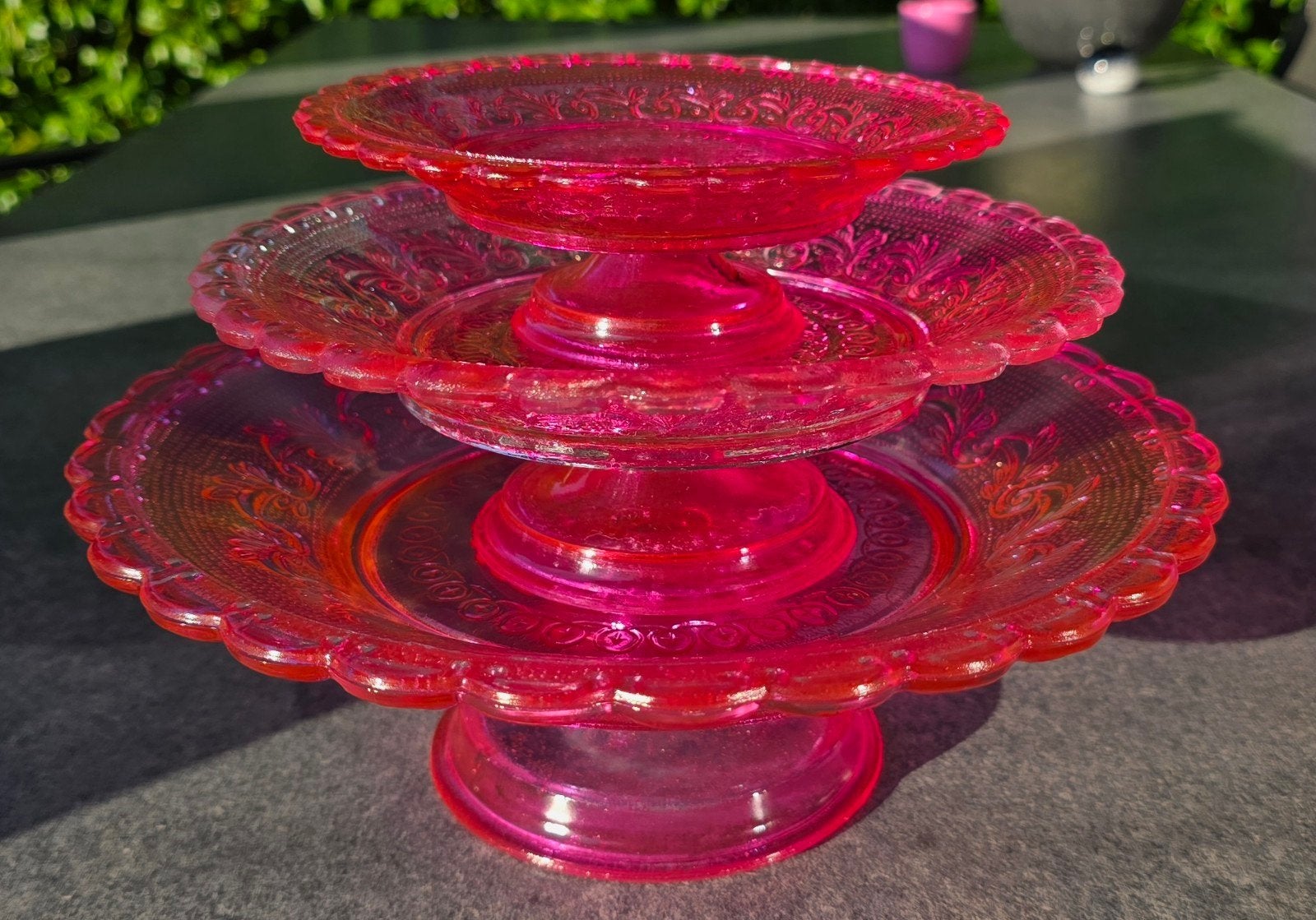 Fuchsia glazen etagere brocant, Ophalen, Gebruikt, Etagère, Glas