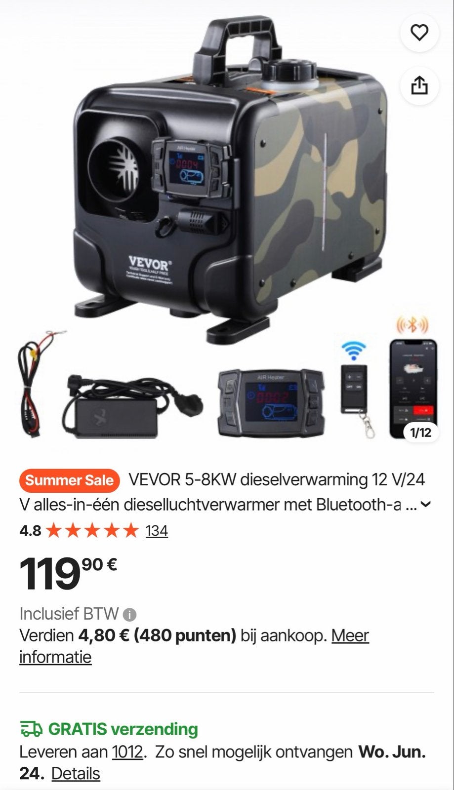 VEVOR 5-8KW Diesel Luchtverwarmer 12V/24V met Bluetooth, Ophalen of Verzenden, Nieuw, 800 watt of meer, Overige typen