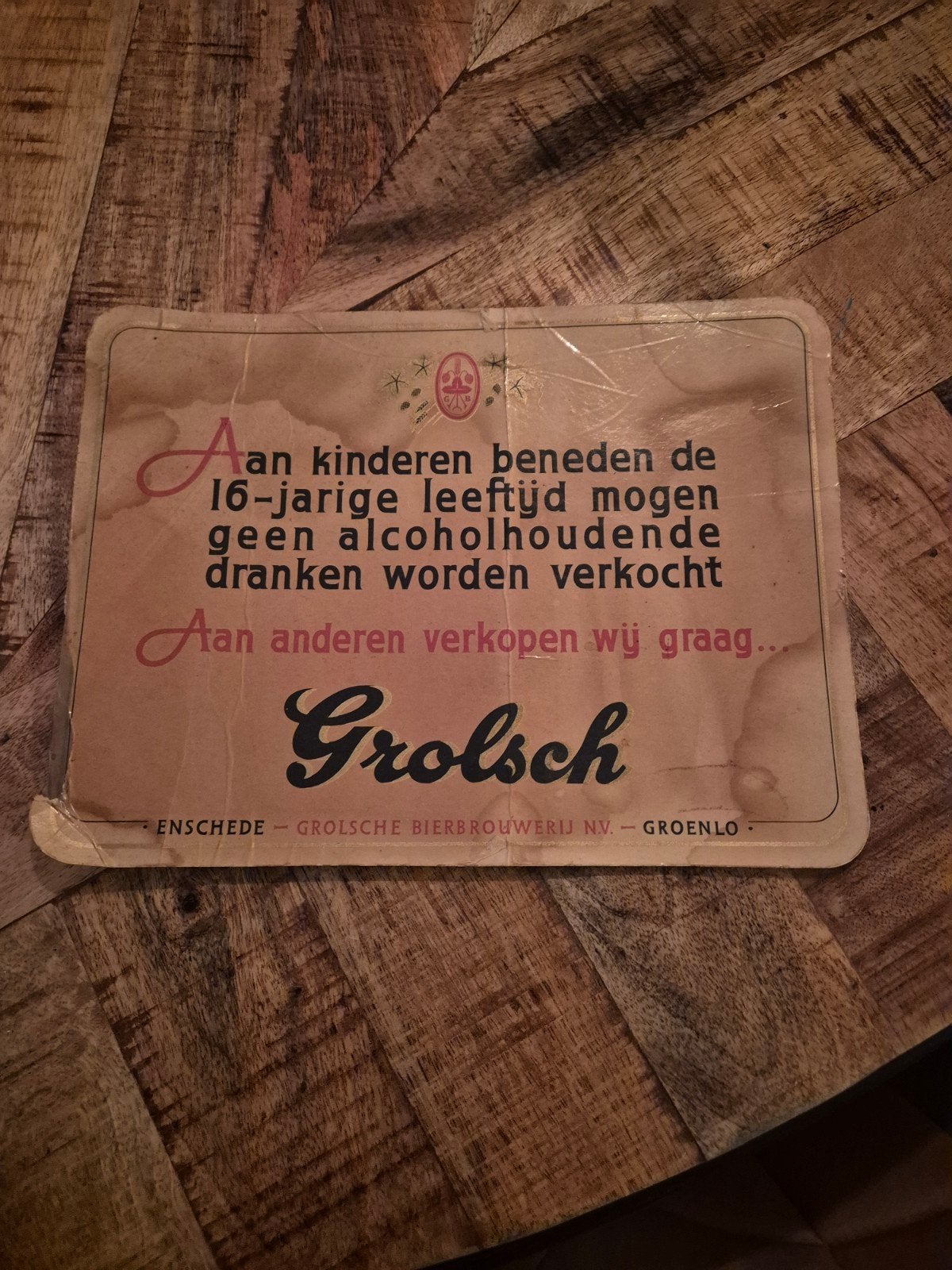 Vintage Grolsch Reclamebord - Leeftijdsgrens Alcohol, Ophalen of Verzenden, Gebruikt, Reclamebord
