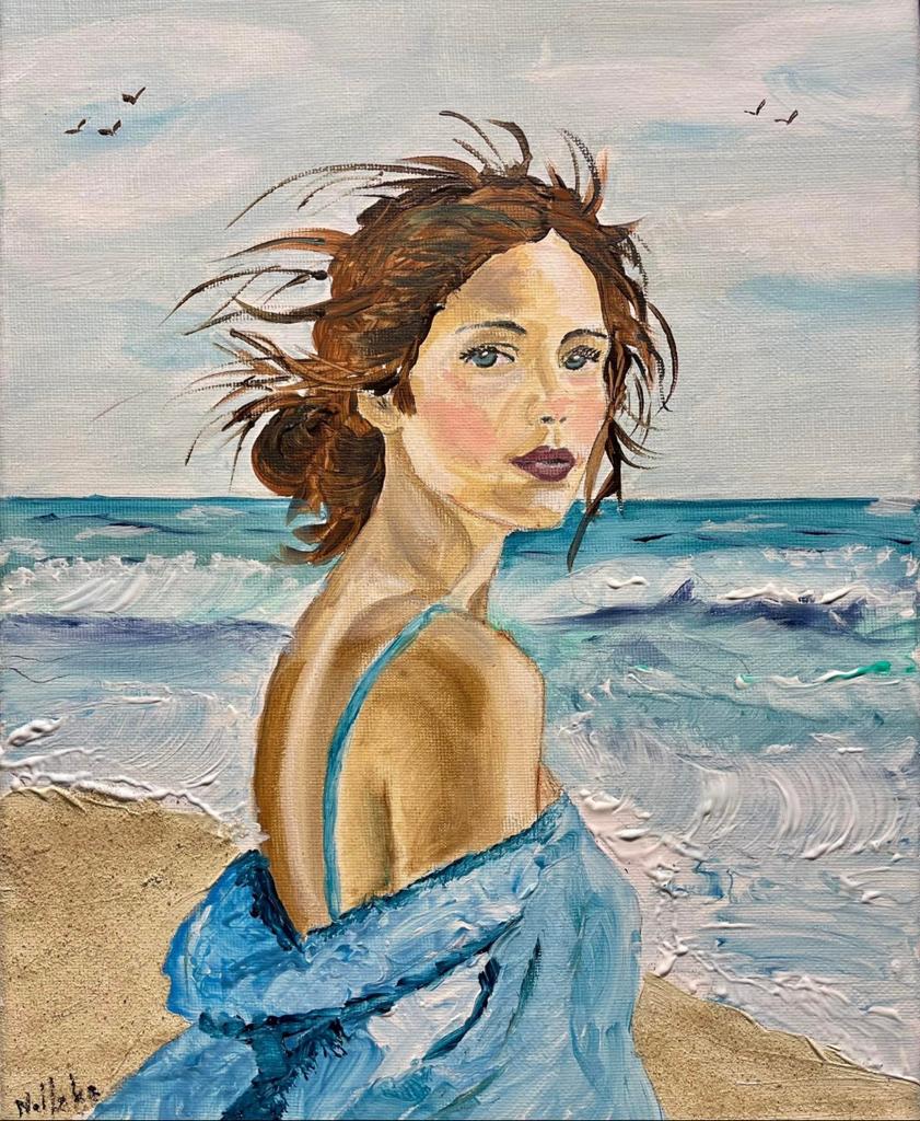 Acrylschilderij 'Vrouw aan Zee' - Steun Gambia, Antiek en Kunst, Ophalen of Verzenden