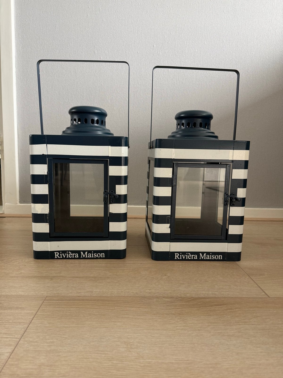 Riviera Maison lantaarns windlichten blauw wit gestreept, Gebruikt, Meerkleurig, Ophalen of Verzenden, Landelijk