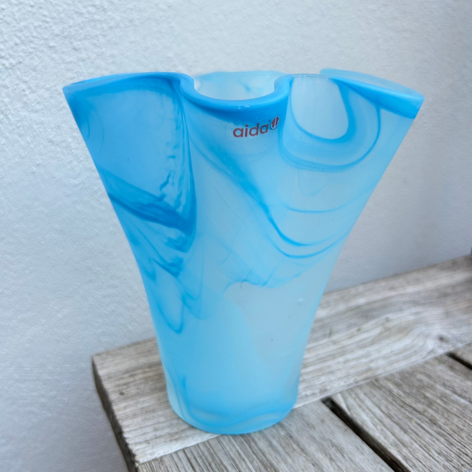 Vintage Aida Deense Design Zakdoekvaas Blauw Gemarmerd Glas, Huis en Inrichting, Woonaccessoires | Vazen, Blauw, Ophalen of Verzenden