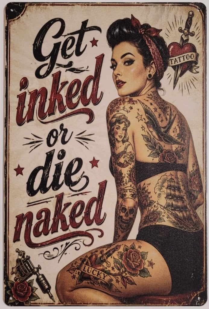 Gek inked or die naked reclamebord van metaal wandbord deco, Info@deconoord.nl, Deco Noord, Nieuw, Ophalen of Verzenden