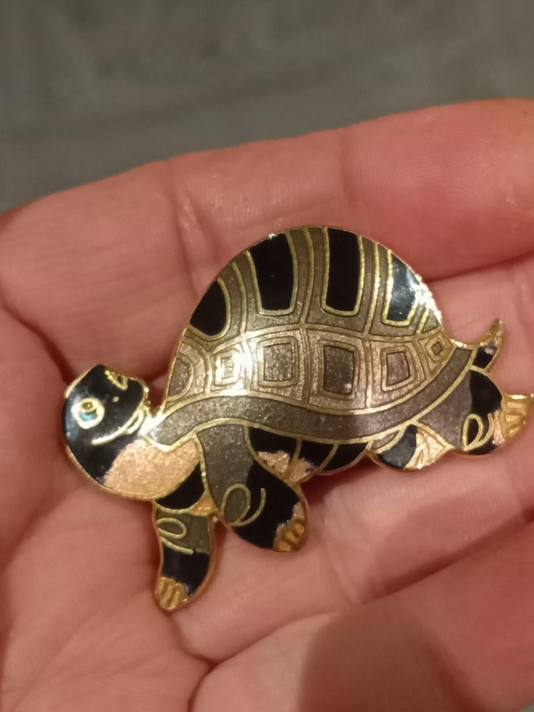 Vintage Cloisonné Broche Schildpad - Zwart, Goud, Grijs, Overige materialen, 4 tot 7 cm, Zwart, Ophalen of Verzenden
