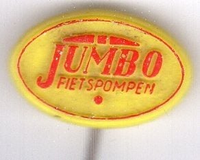 JUMBO fietspompen rood op geel plastic speldje ( G_201), Verzenden, Zo goed als nieuw, Merk, Speldje of Pin
