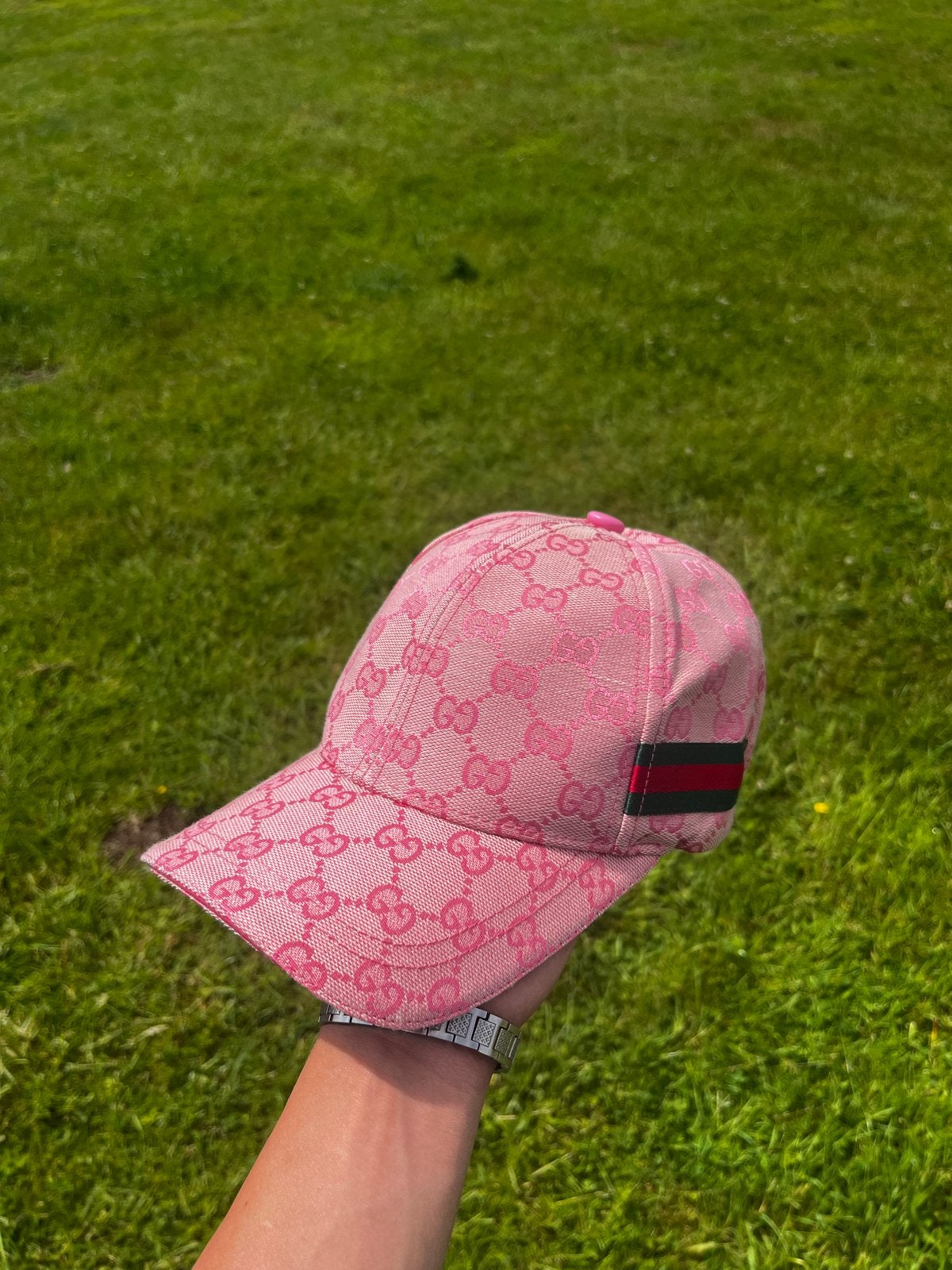 Roze Gucci Pet met GG-patroon en Webstreep, Ophalen of Verzenden, Zo goed als nieuw, One size fits all, Pet