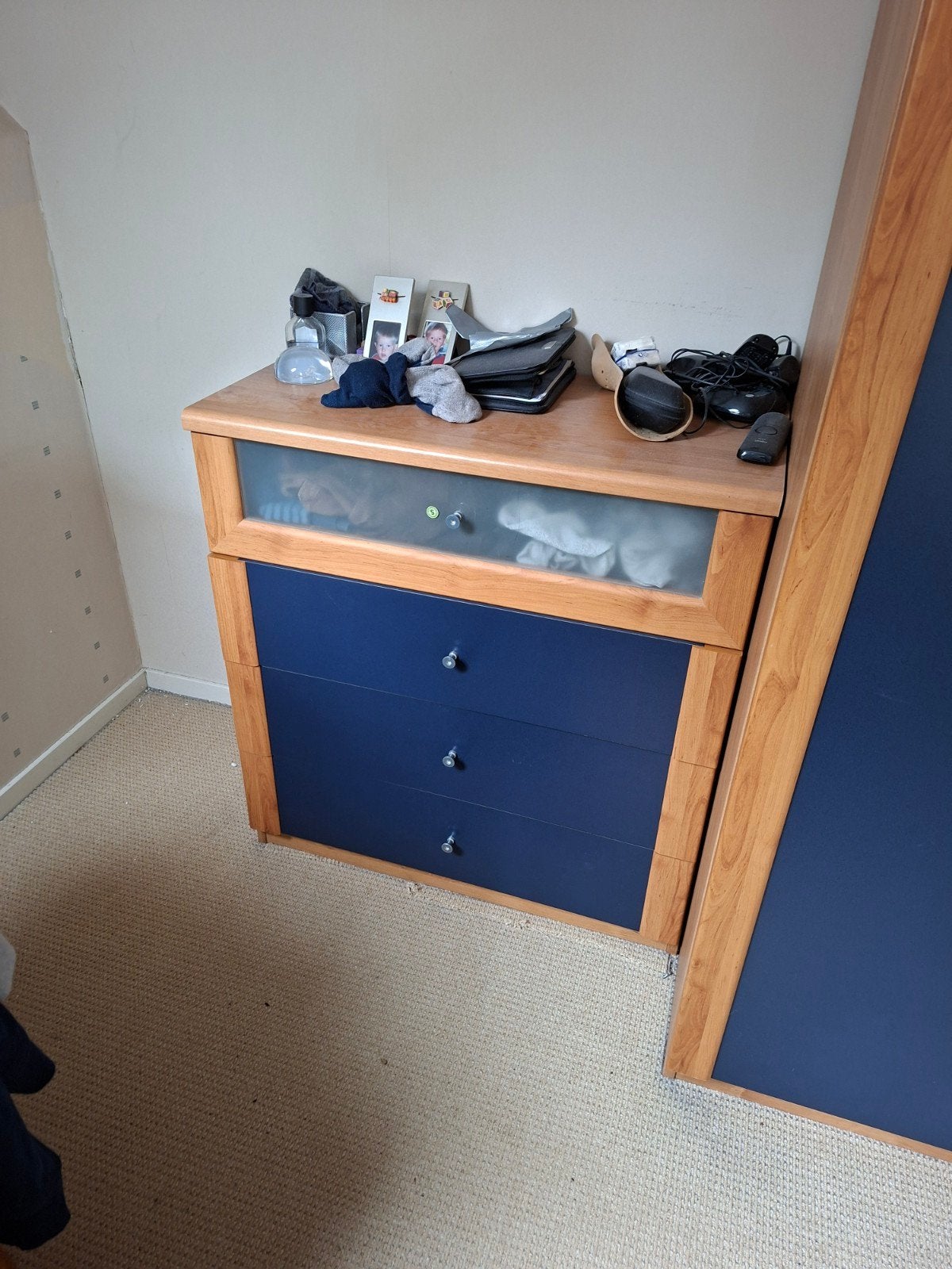 IKEA ladekast met 4 lades, blauw/hout fineer, Gebruikt, 200 cm of meer, 50 tot 75 cm, 50 tot 100 cm