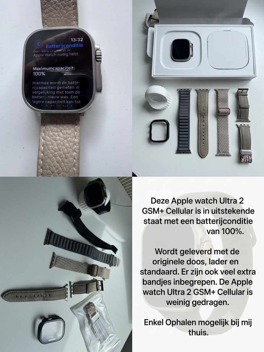 Apple Watch Ultra 2 GSM+ Cellular - 100% batterij + extra's, Ophalen, Hartslag, Zwart, IOS