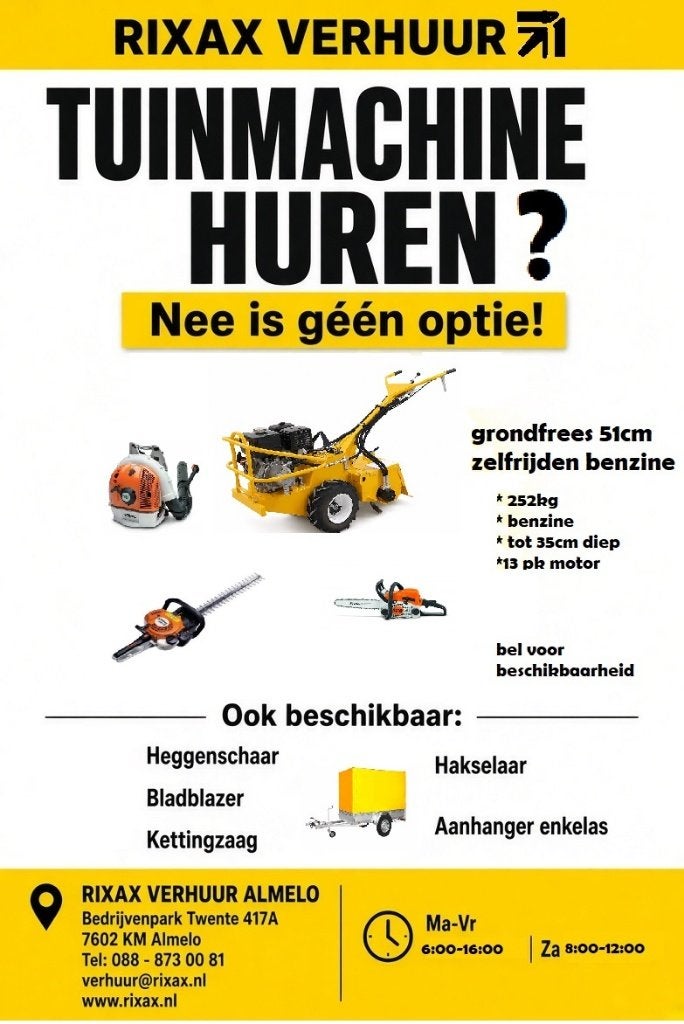 Grondfrees of een andere tuinmachine nodig? Rixax Verhuur, Ophalen, Gebruikt, Overige soorten