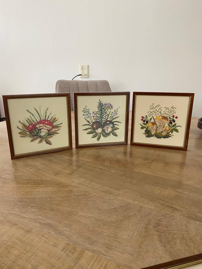 Geborduurde paddestoelen., Ophalen, Gebruikt, Handborduren, Borduurgaren of Zijde