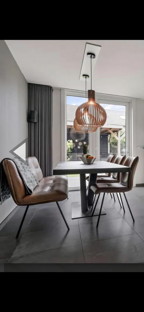 Eetkamerbank&stoelen, cognac leer, Piet Klerx, tafel 220*90*, Ophalen, Gebruikt, 6 tot 8 stoelen