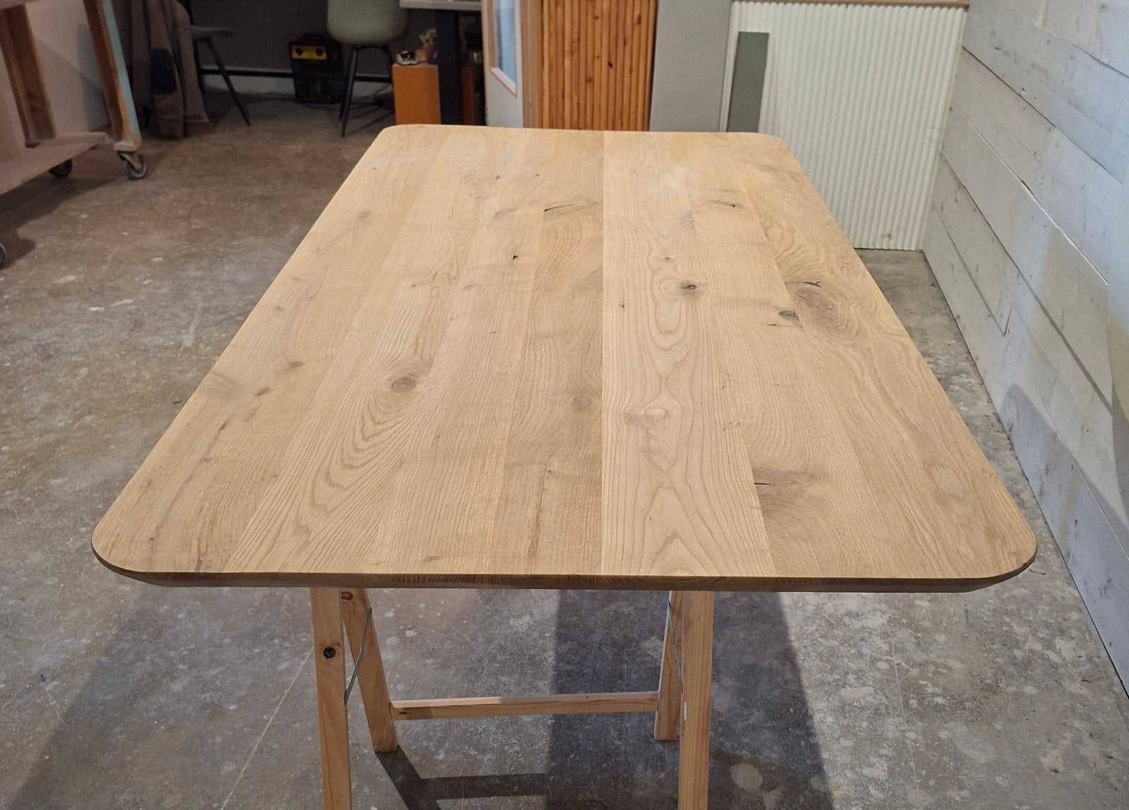 Eiken tafelblad 100x200cm, afgeronde hoeken, verjongde rand, Ophalen, 100 tot 150 cm, Eikenhout, Zo goed als nieuw