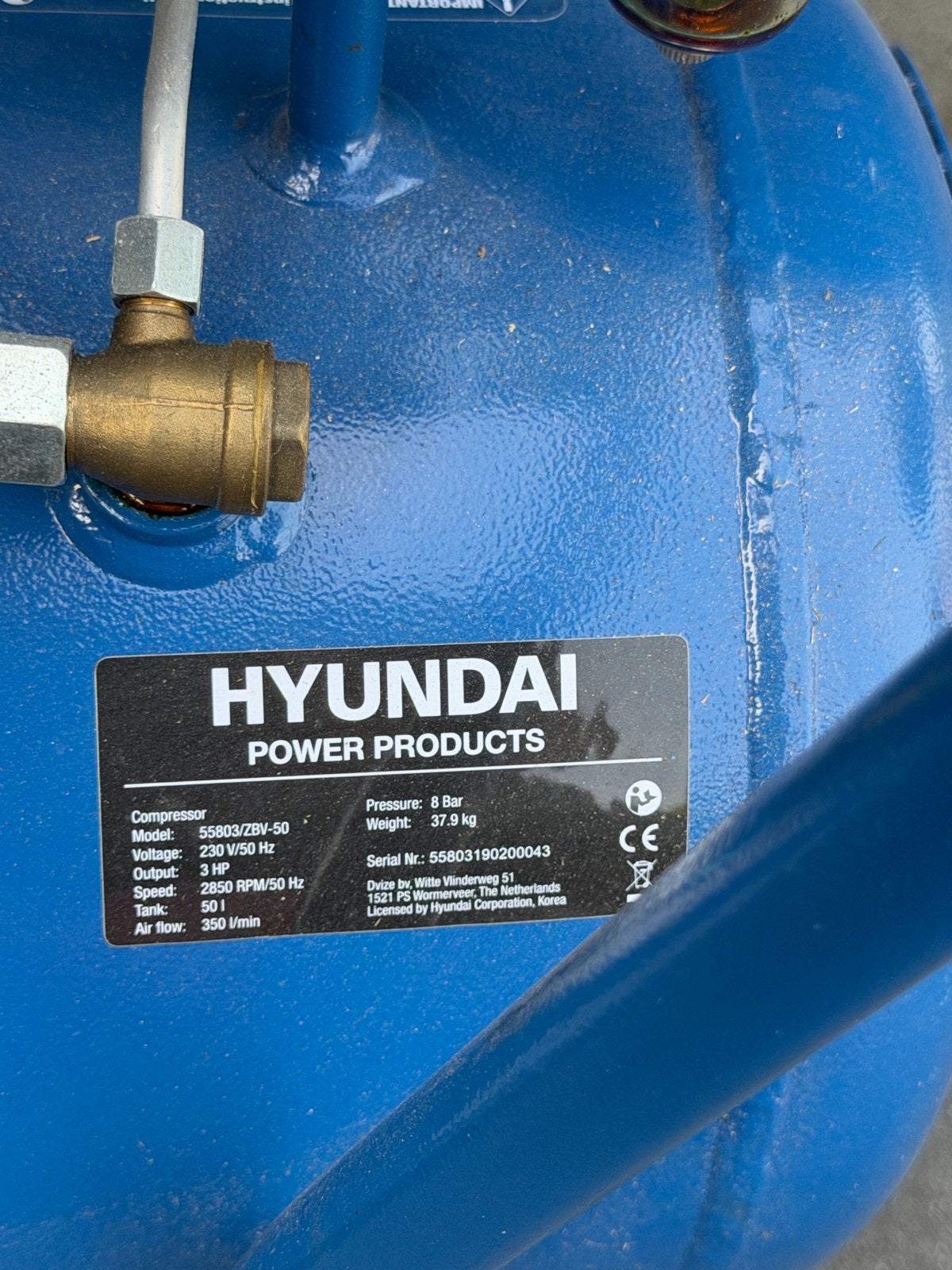 Hyundai Compressor 55803 met olie 3PK 8 Bar 50L, Doe-het-zelf en Verbouw, Compressors, Ophalen, 6 tot 10 bar, Nieuw, 25 tot 100 liter