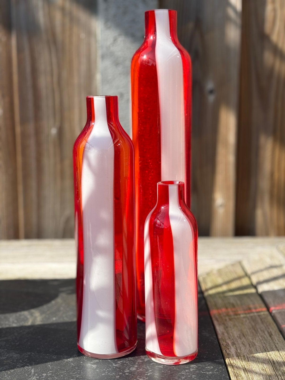 Set van 3 vazen rood met wit gestreept, Ophalen, Minder dan 50 cm, Rood, Glas
