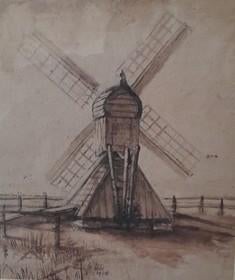 Waterverf schilderij van een molen, inclusief lijst, Ophalen, Minder dan 50 cm, Gebruikt, Oorspronkelijke maker