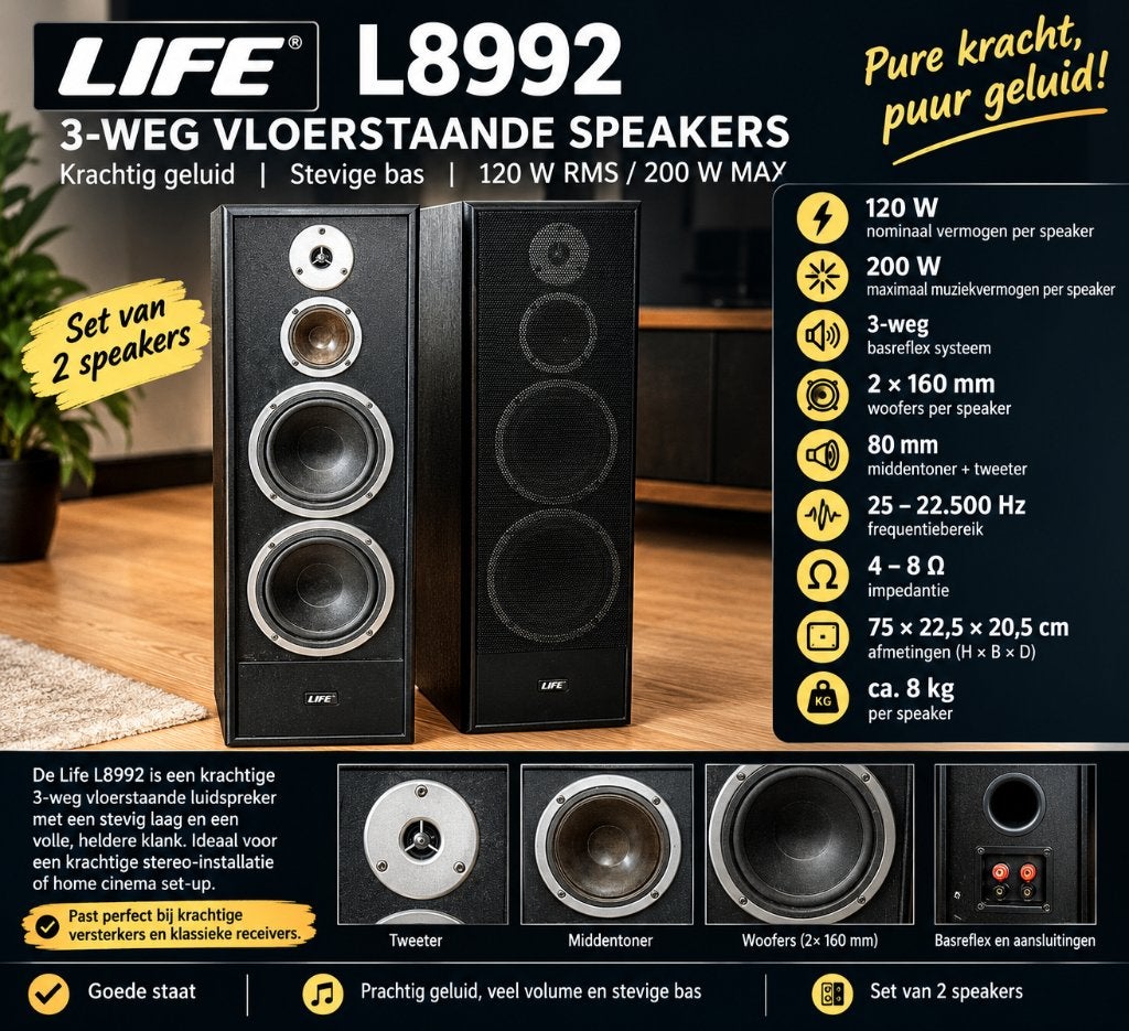 LIFE L8992 3-Weg Vloerstaande Speakers - 120W RMS / 200W MAX