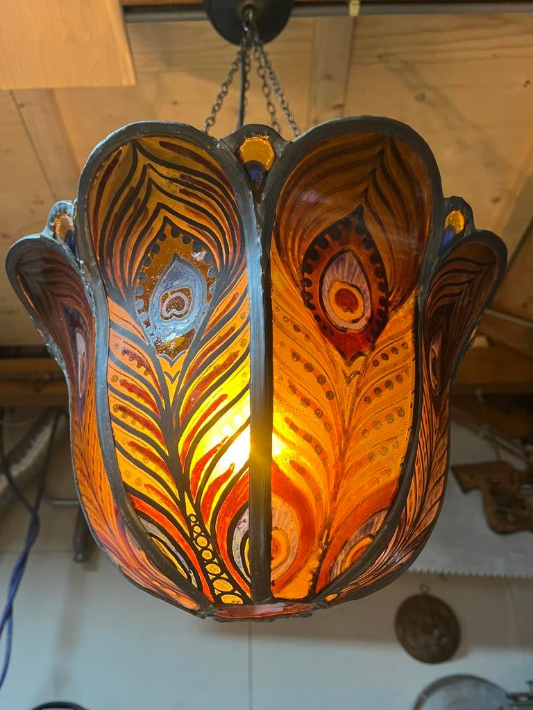 Gebrandschilderde glas in lood lamp, Huis en Inrichting, Ophalen, Zo goed als nieuw, Glas