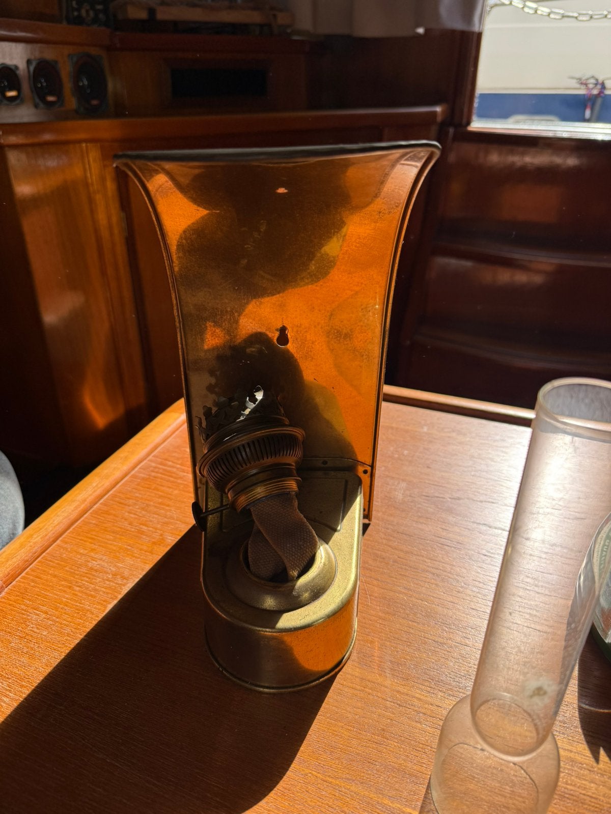 Antieke koperen olielamp - scheepslamp, Ophalen, Gebruikt