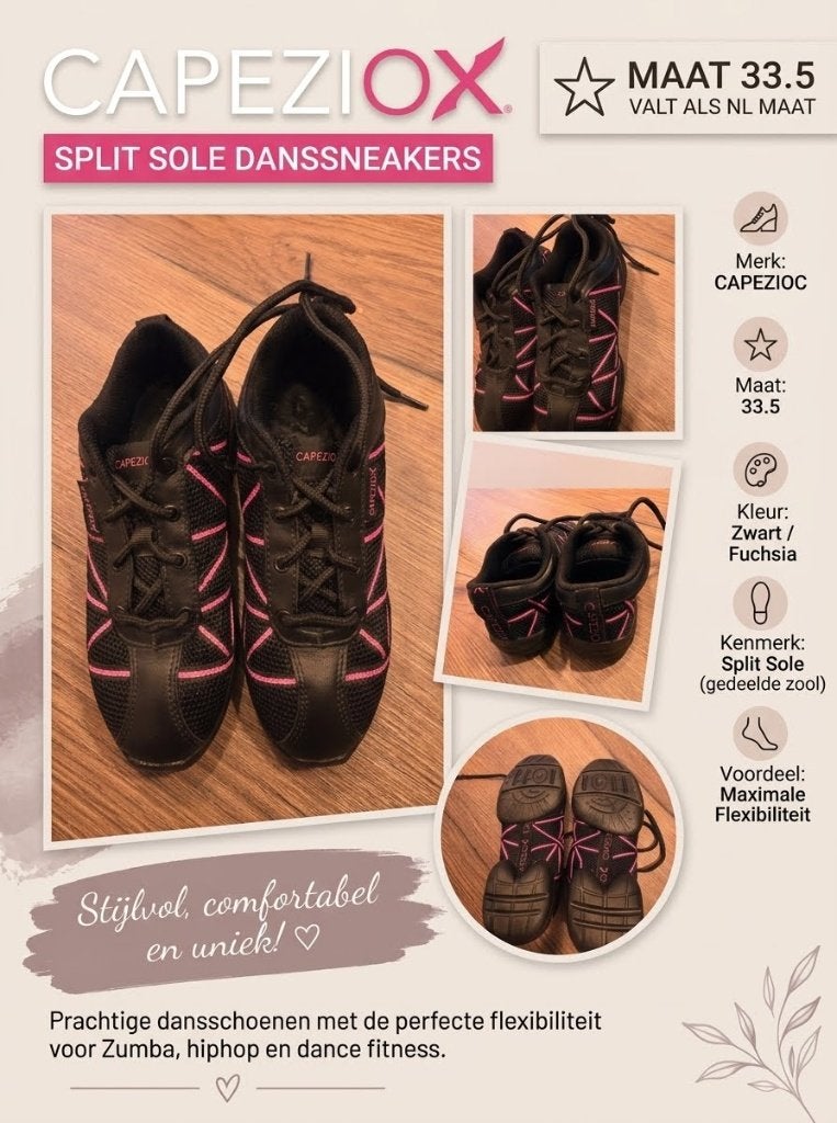 Capezio kinder danssneakers – Zwart/Fuchsia Roze – Maat 33.5, Ophalen of Verzenden, Zo goed als nieuw, Schoenen