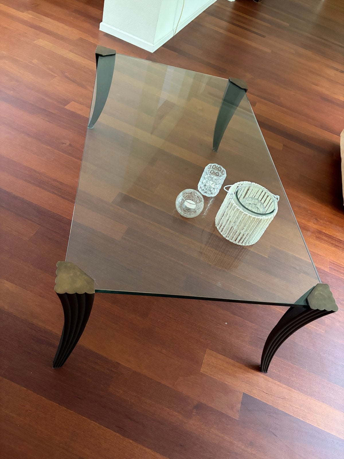 Glazen salontafel met bronzen poten - 70x125 cm, Huis en Inrichting, Tafels | Salontafels, Ophalen, Gebruikt, 100 tot 150 cm, 50 tot 100 cm