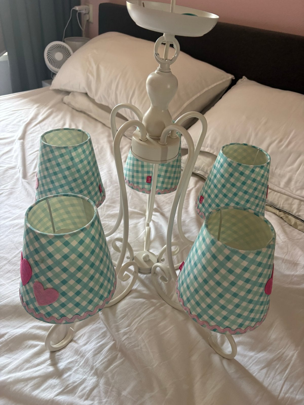 Lief Plafondlamp met 5 Lampenkappen - Wit/Turquoise, Gebruikt, Lief is het merk, E14 (klein), Ophalen of Verzenden