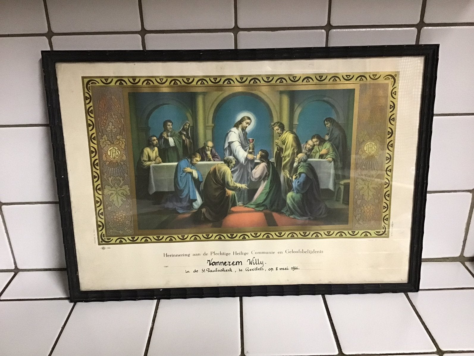 Vintage religieuze ingelijste prent, Ophalen of Verzenden