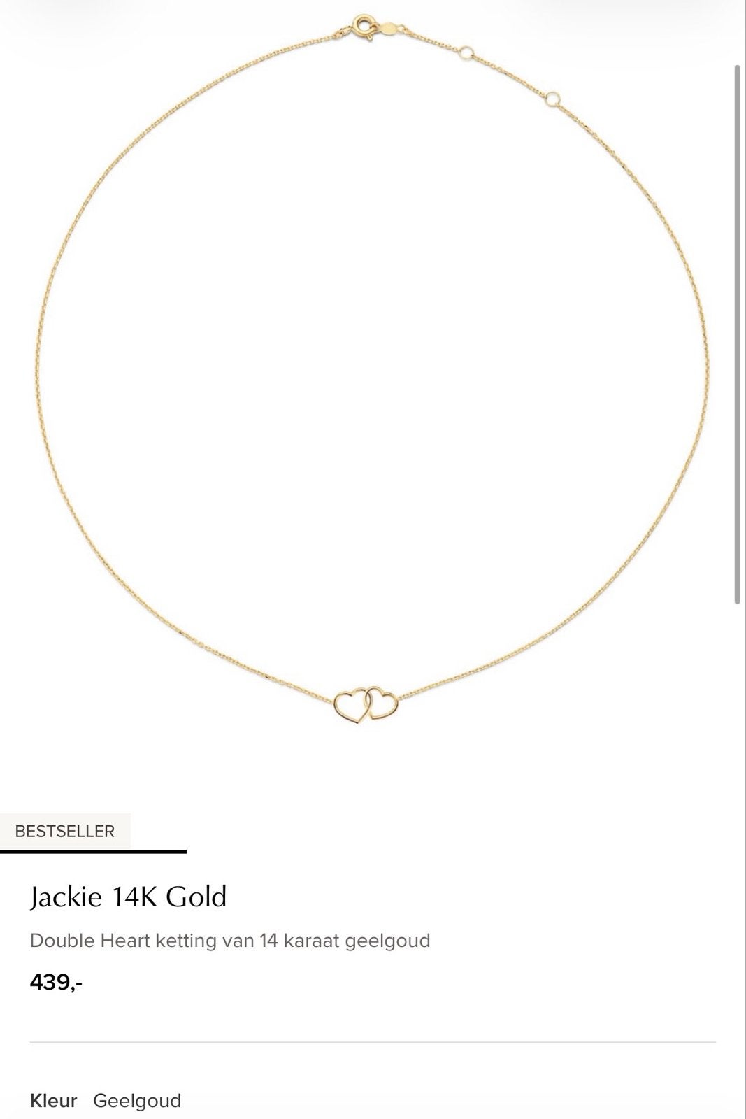 Jackie 14K Gouden Double Heart Ketting., Sieraden, Tassen en Uiterlijk, Kettingen, Verzenden, Zo goed als nieuw, Goud, Met hanger