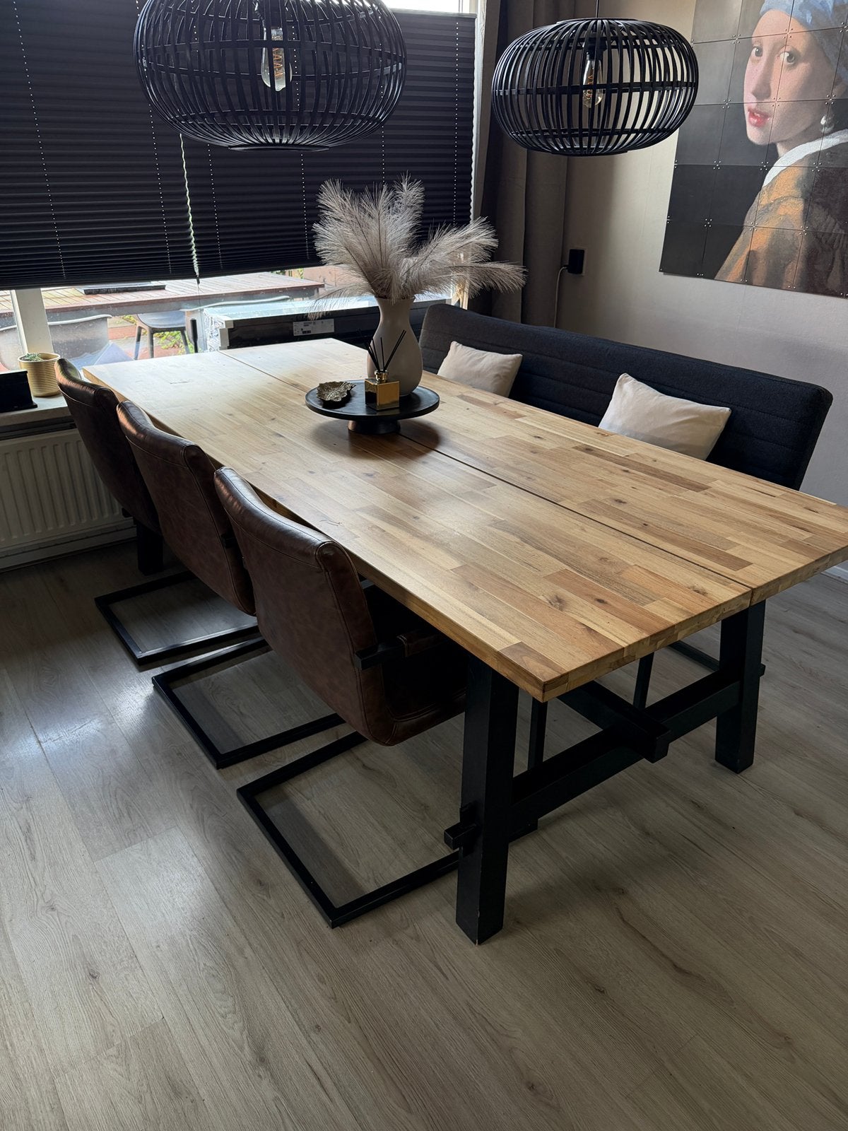 Compleet set: IKEA SKOGSTA EETTAFEL + 3 STOELEN & BANK!, Ophalen, Zo goed als nieuw, 6 tot 8 stoelen