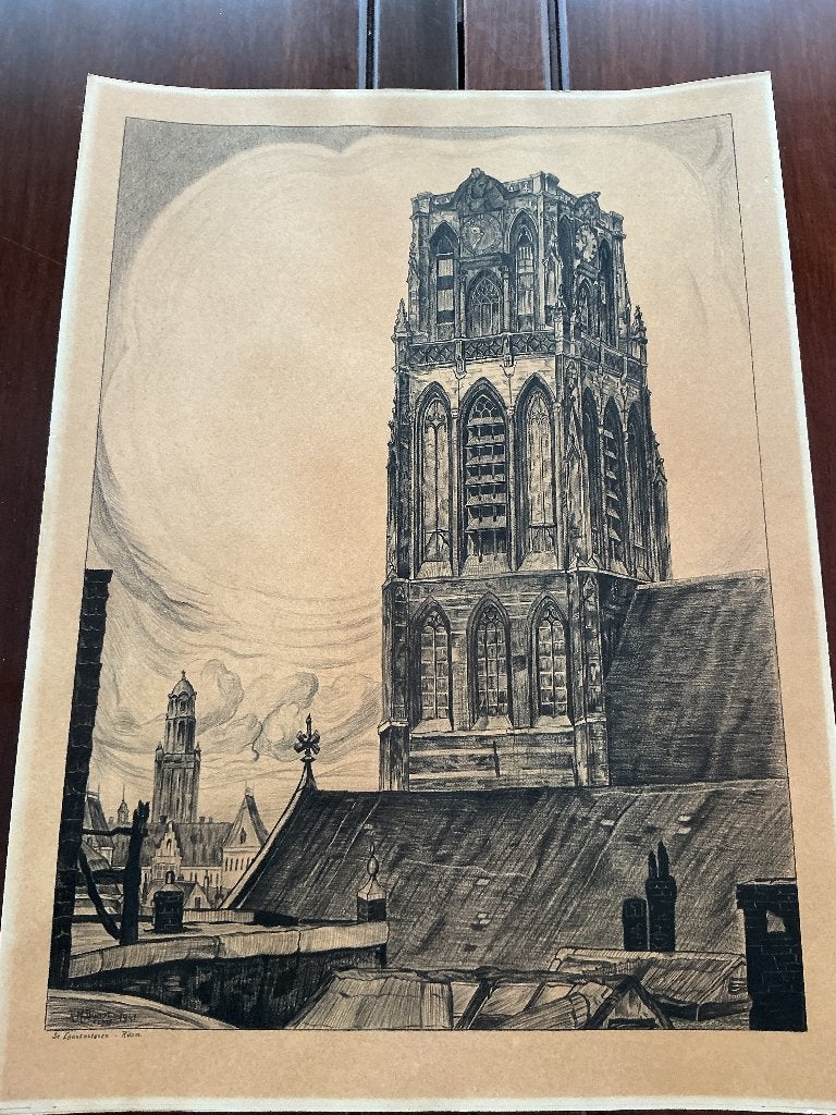 Tekening St Laurenskerk Rotterdam, Ophalen of Verzenden, Tekening, Klassiek, Gedateerd