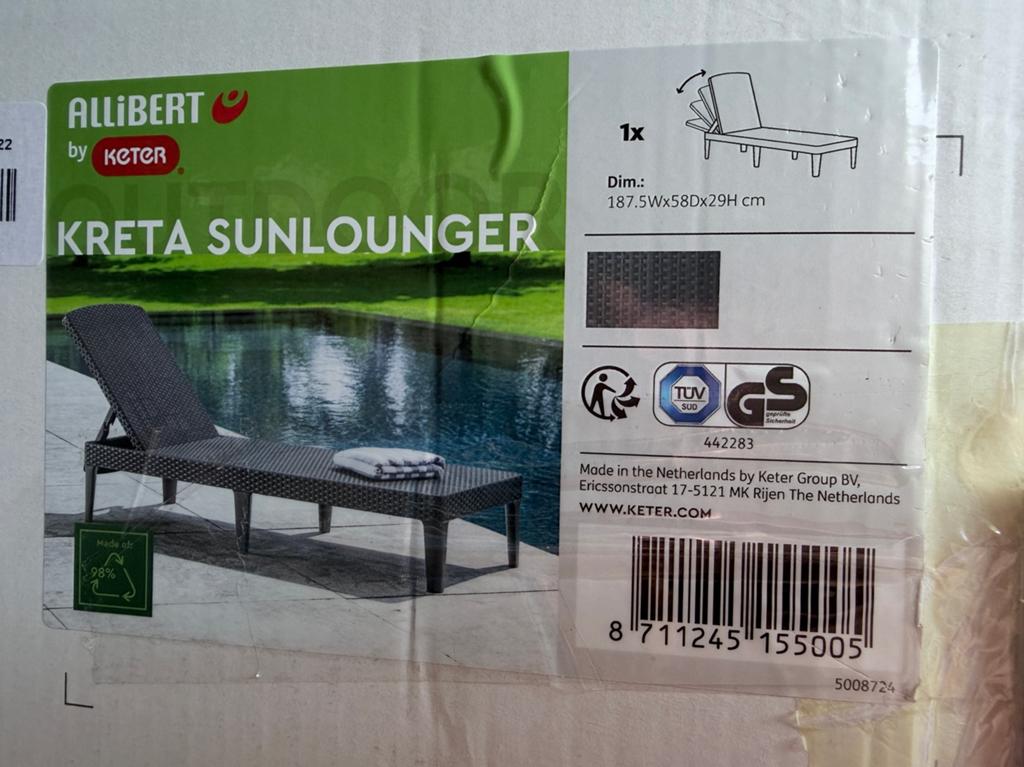 Keter Kreta Sunlounger Ligbed - Verstelbaar & Weerbestendig, Ophalen, Zo goed als nieuw, Kunststof, Inklapbaar