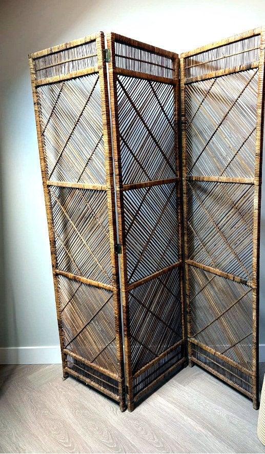 Vintage bamboe kamerscherm - 3 panelen, Ophalen, Gebruikt