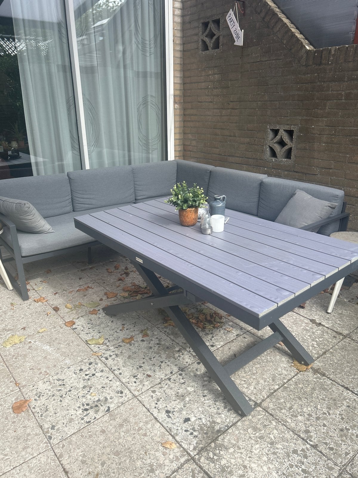 In hoogte verstelbare tuintafel met loungehoekbank, Tuin en Terras, Gebruikt, Aluminium, Ophalen of Verzenden, Loungeset
