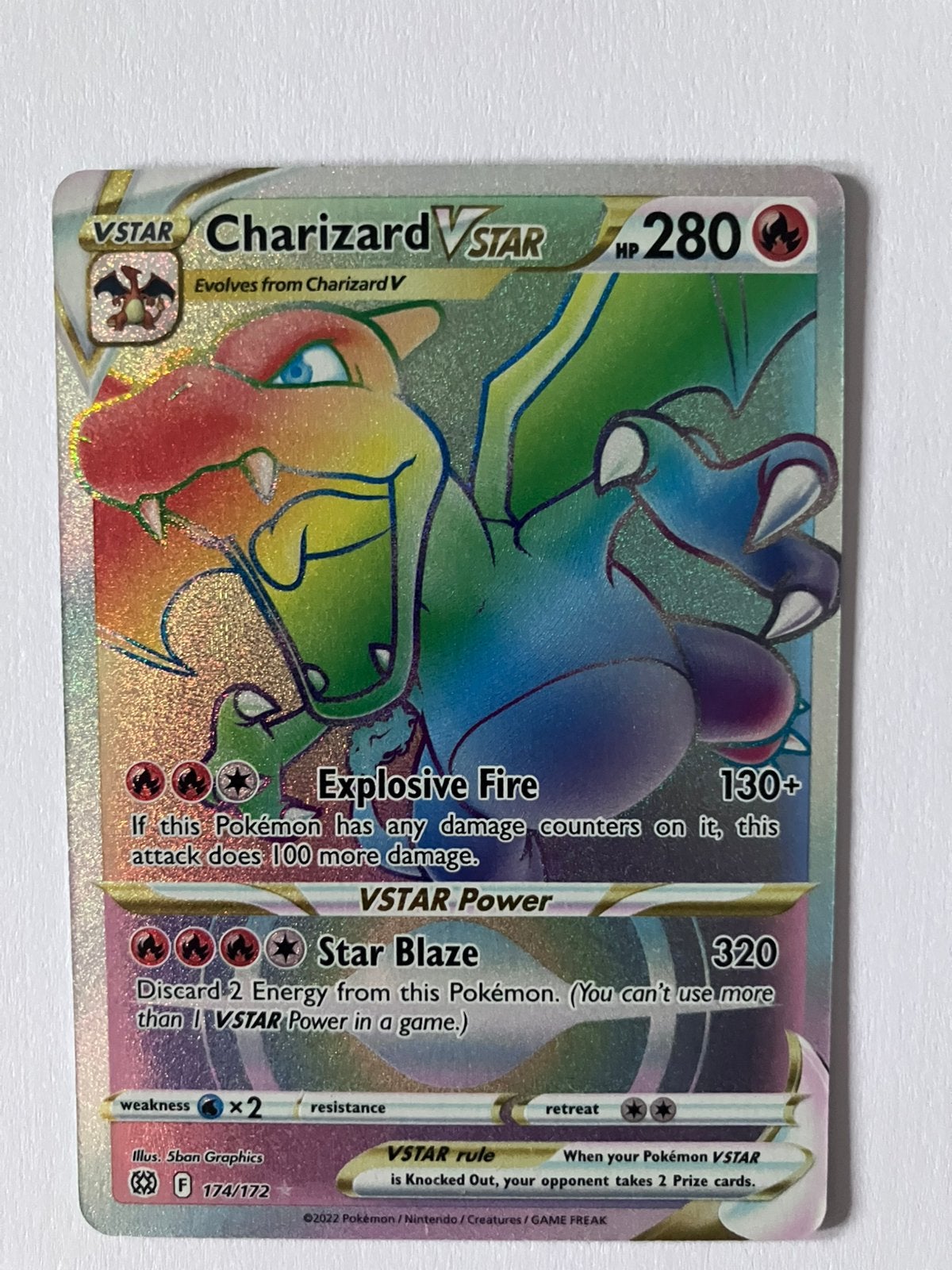 Charizard VSTAR Rainbow Rare 174/172 Pokémon kaart, Ophalen, Zo goed als nieuw, Losse kaart, Foil