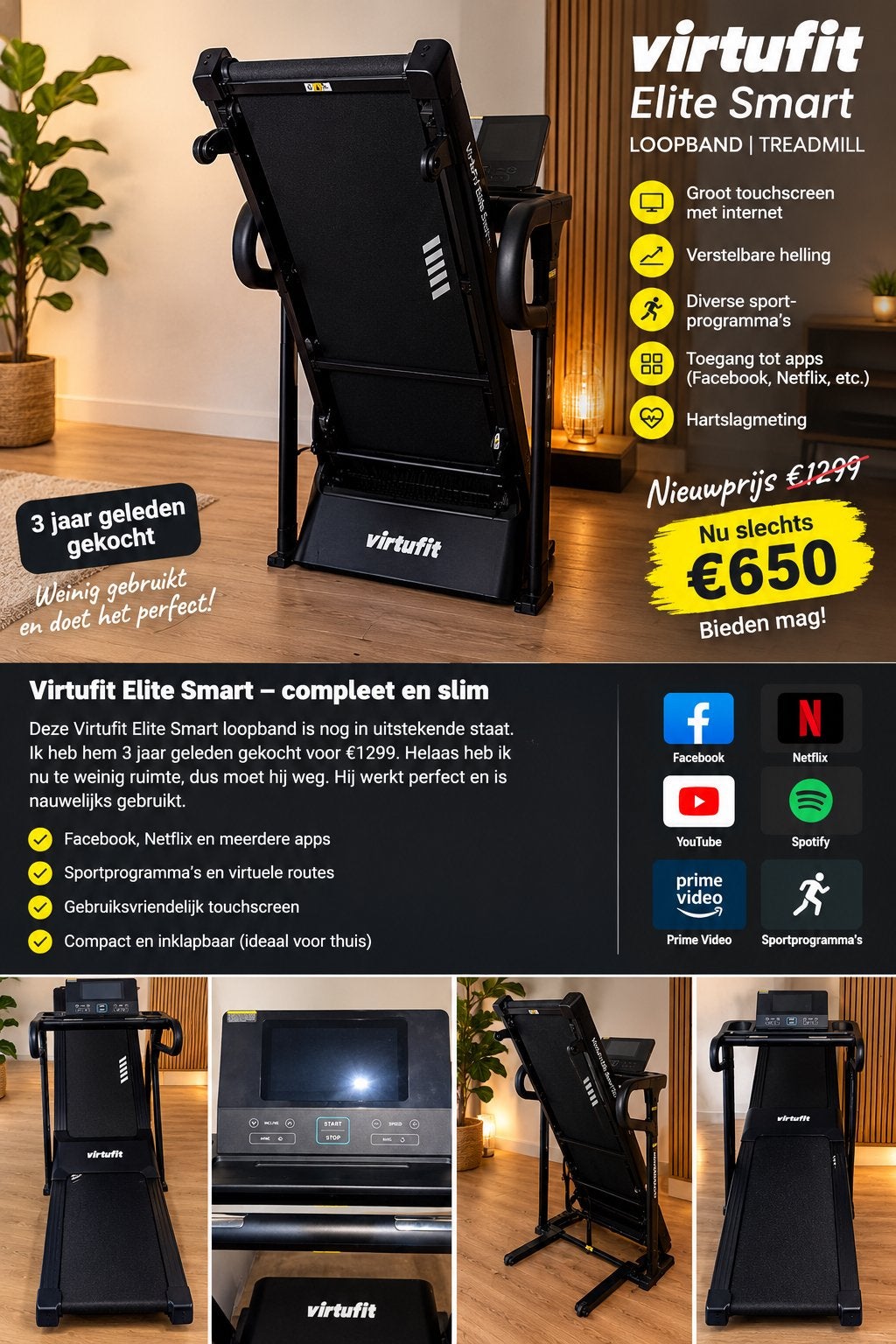 VirtuFit Elite Smart Loopband - Zo goed als nieuw, Ophalen, Zo goed als nieuw, Metaal, Loopband