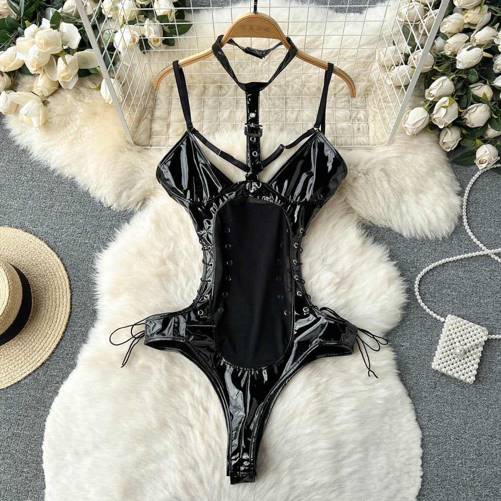 Zwarte lak leren dames romper met touw, Verzenden, Zwart, Body of Korset