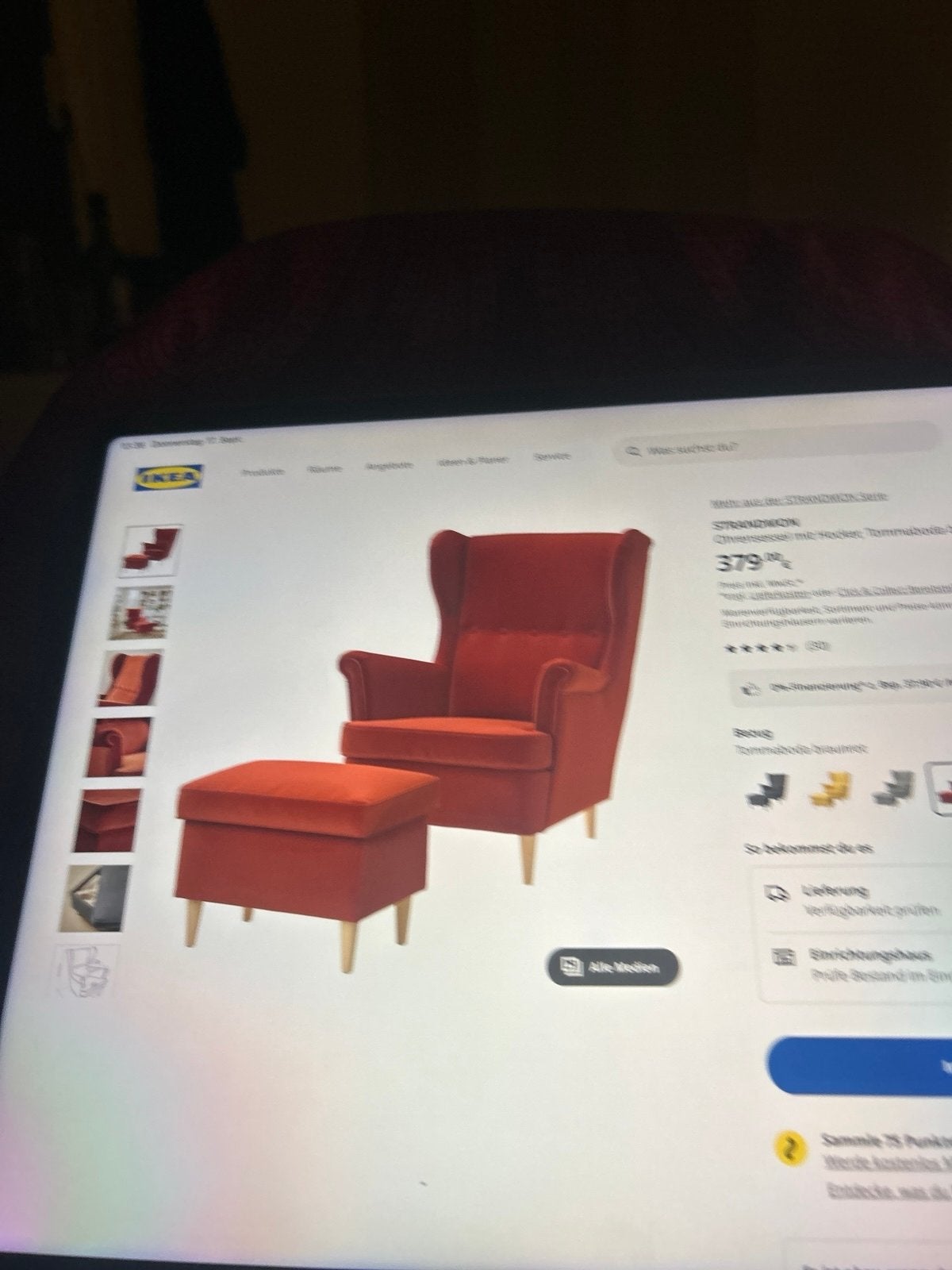 IKEA STRANDMON oorfauteuil met voetenbank, rood, Huis en Inrichting, Ophalen, Zo goed als nieuw, Stof, 75 tot 100 cm