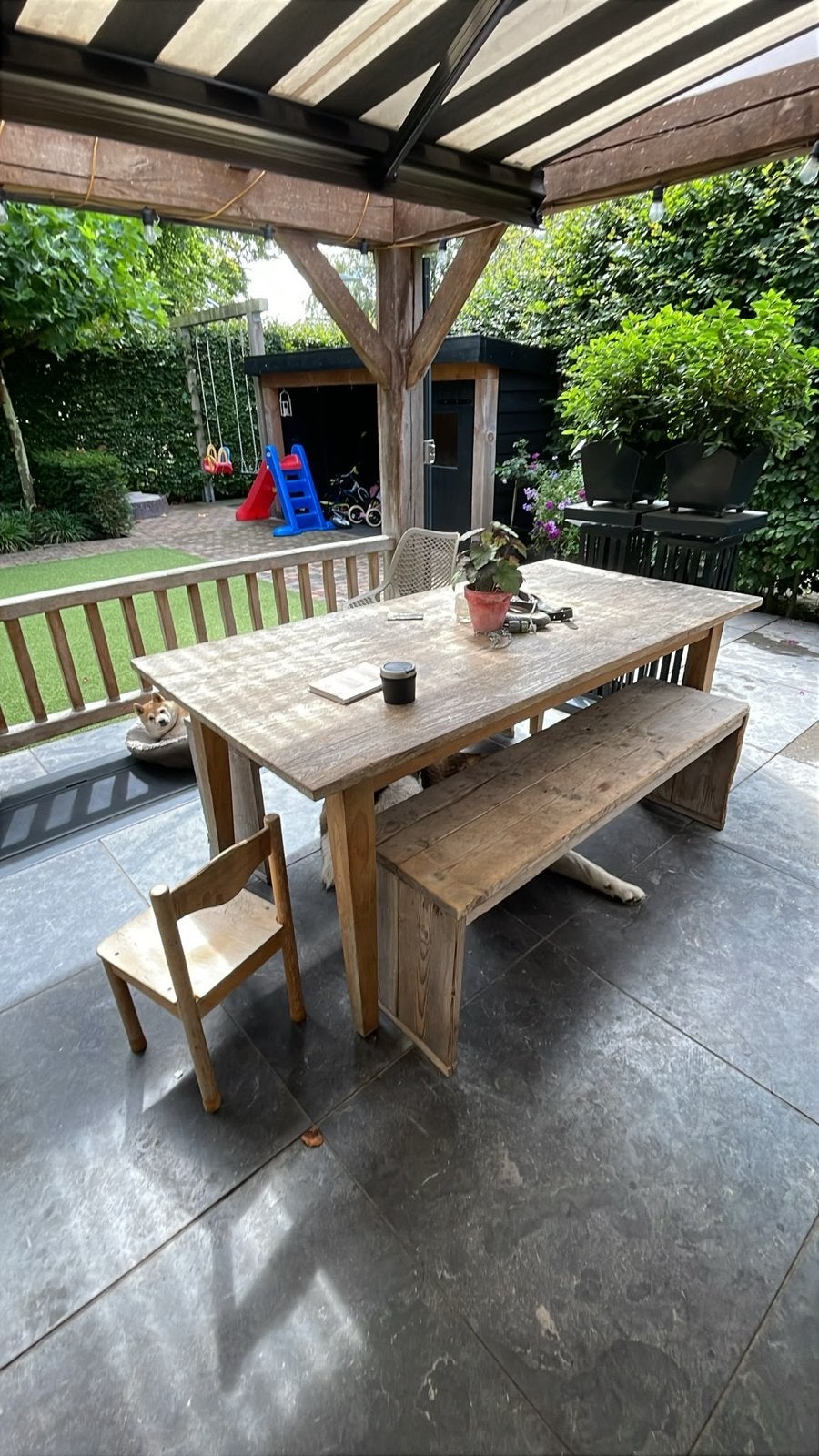 Teakhouten tuintafel 180x90 cm met 2 laatjes, Ophalen, Gebruikt, Rechthoekig, Teakhout