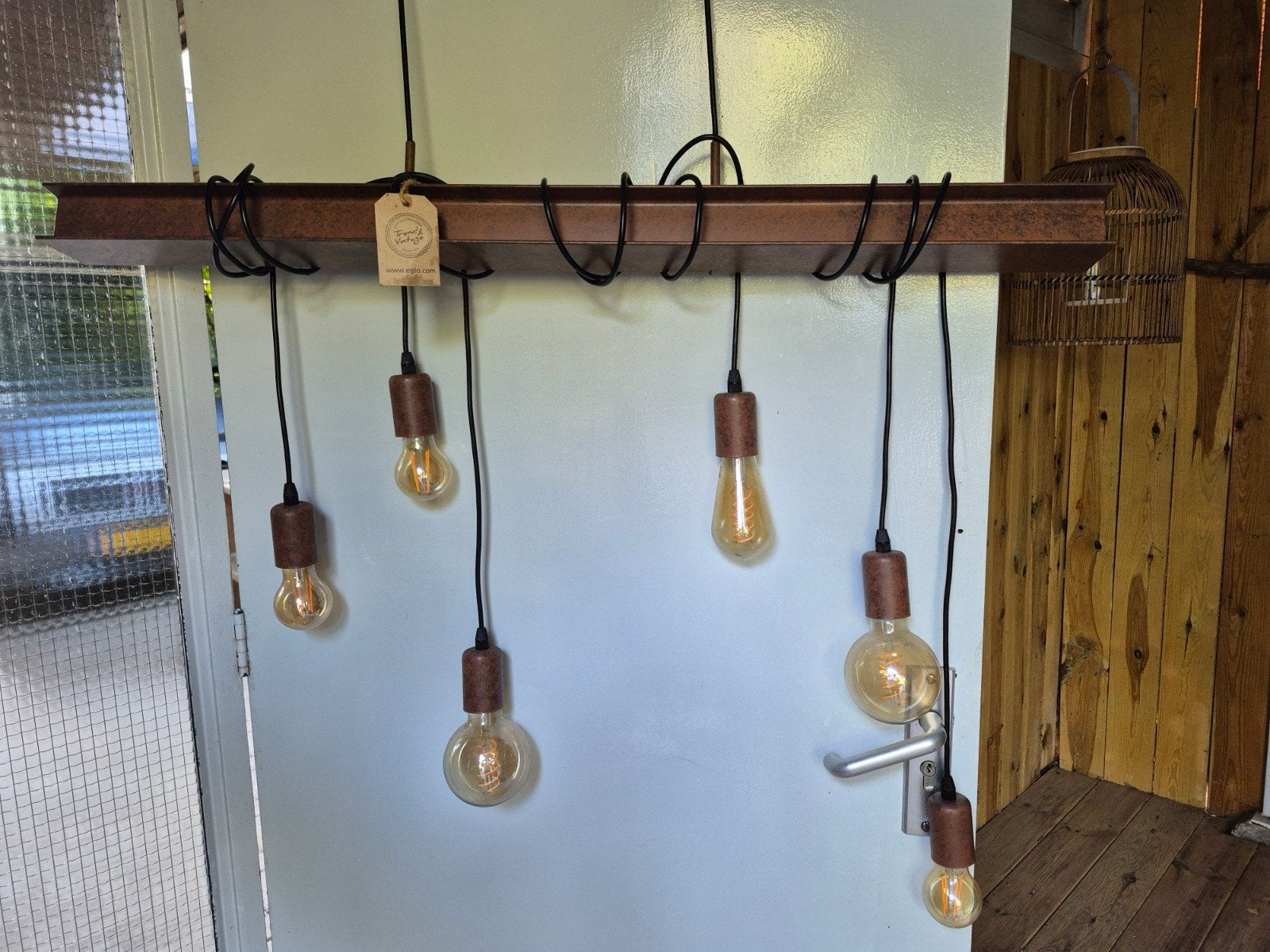Industriële hanglamp met 6 Edison gloeilampen, Huis en Inrichting, Ophalen, Gebruikt, E27 (groot), Metaal