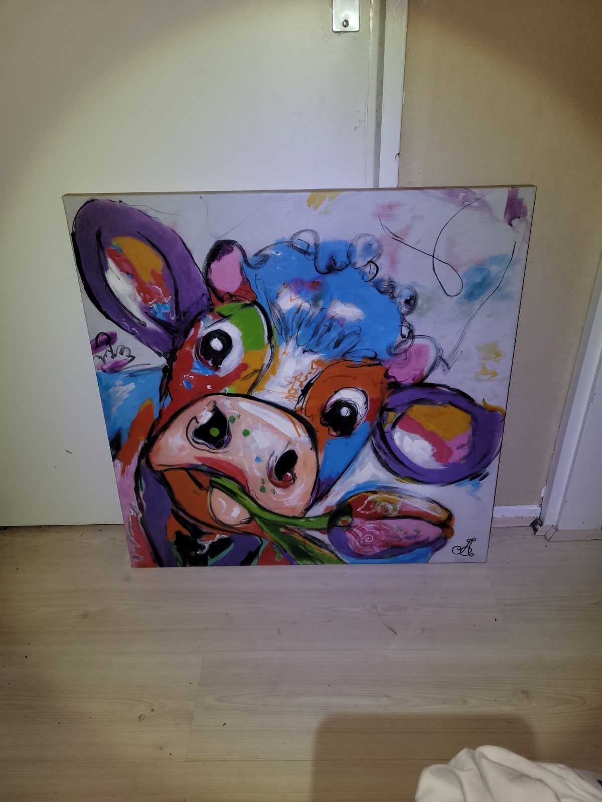 De vrolijke koe en tulpen  kunst  ( 75x75 cm ), Ophalen of Verzenden