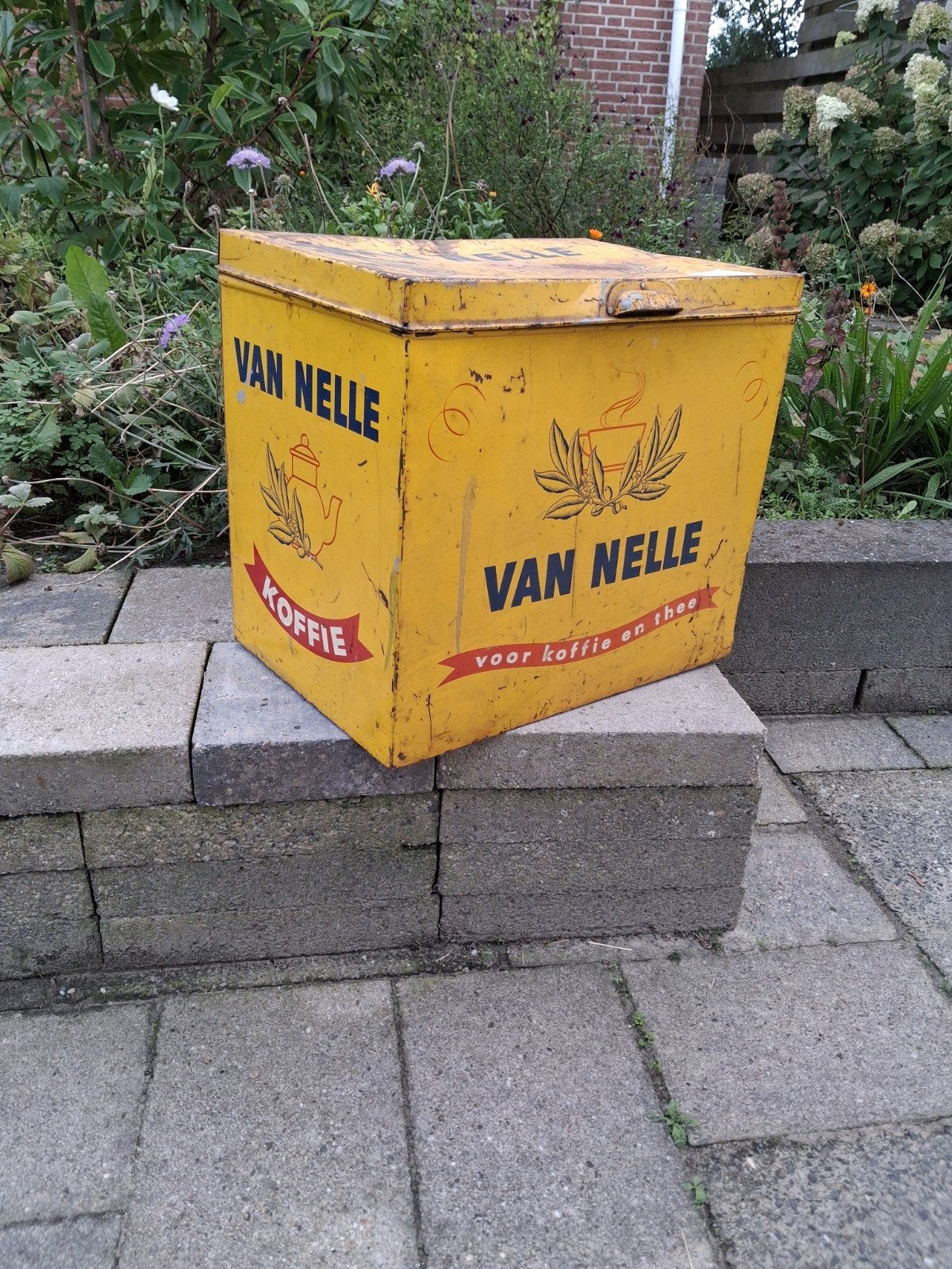 Vintage Van Nelle Koffie en Thee winkelblik - Geel, Ophalen of Verzenden
