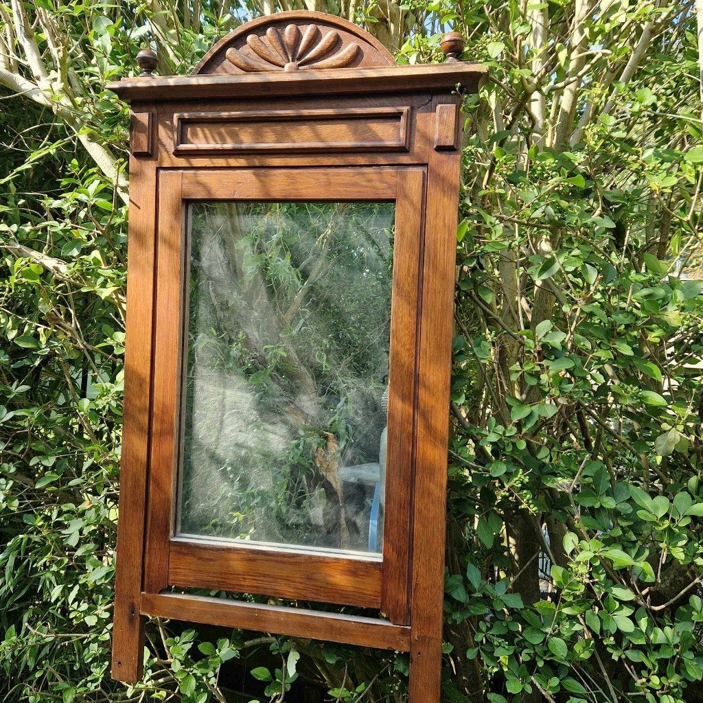 Antieke houten schouw (kantel) spiegel (brocante), Ophalen, Rechthoekig, 50 tot 100 cm, 100 tot 150 cm