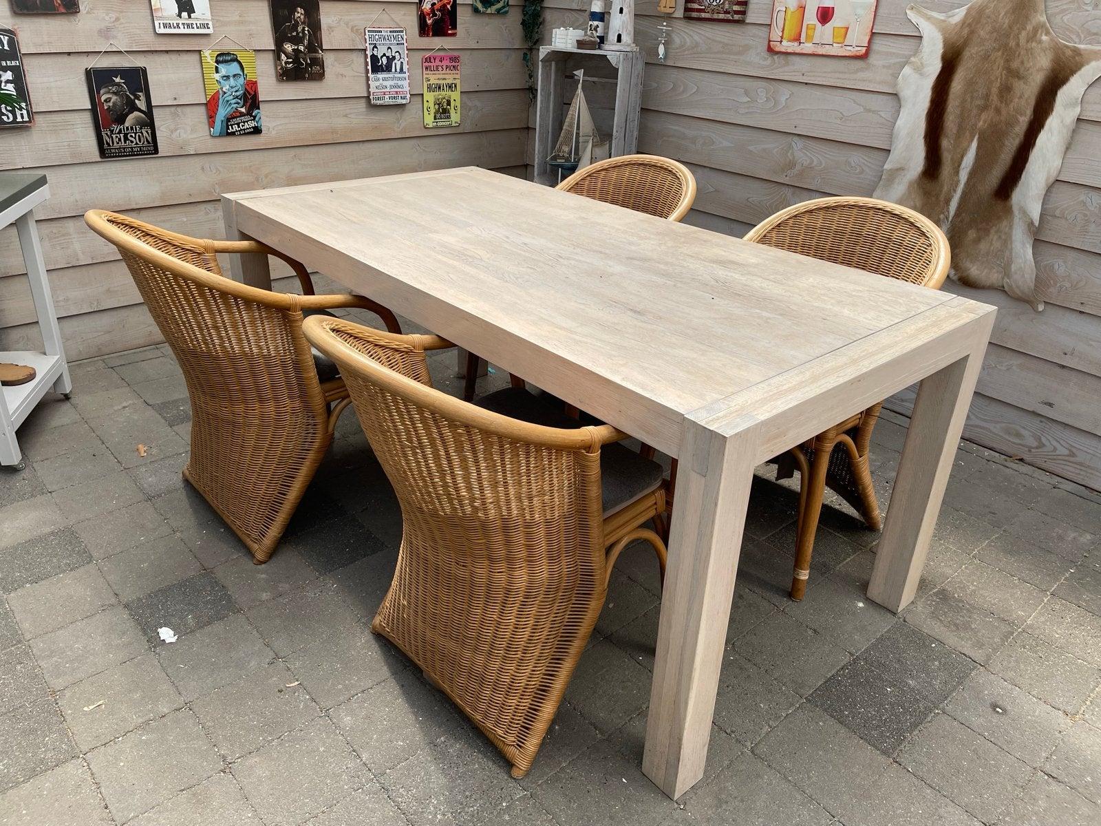 houten eettafel met 4 rieten stoelen 90x180 eettafelstoelen, Tuin en Terras, Ophalen, Gebruikt, Rechthoekig, Hout
