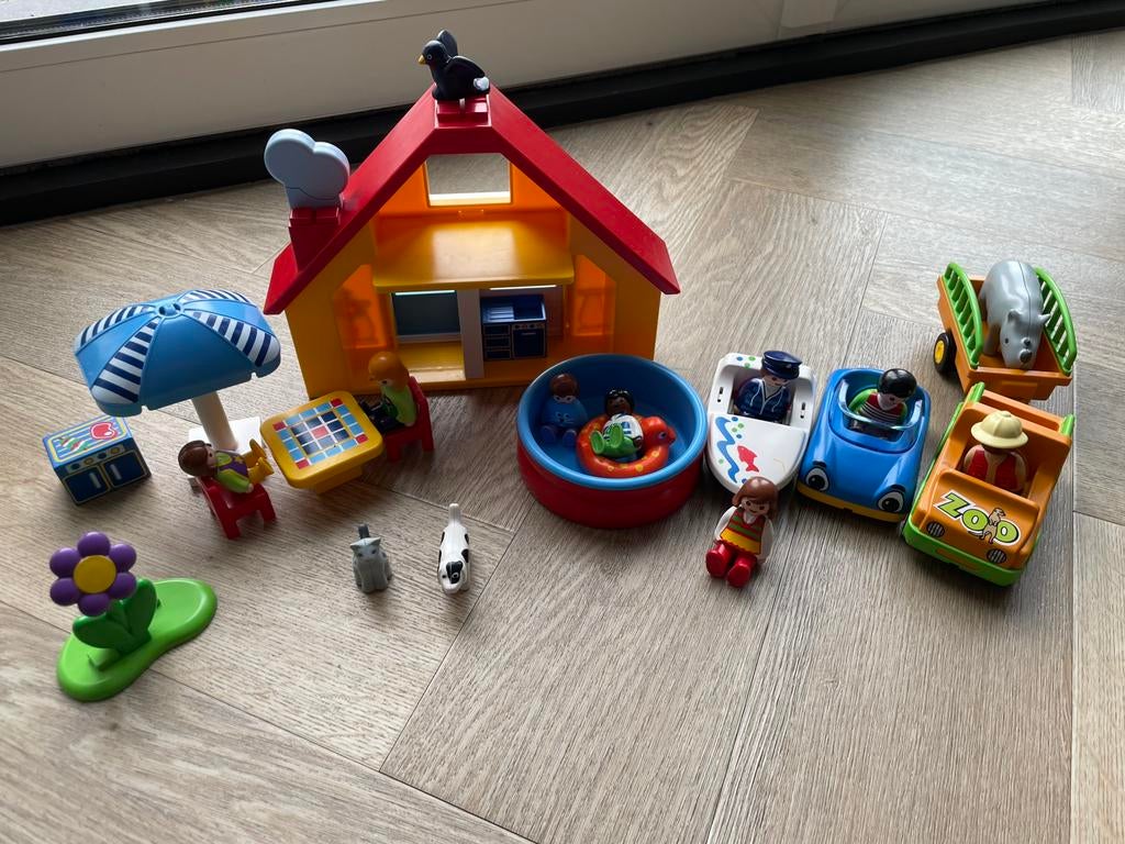 Playmobil 1.2.3 vakantiehuis + safari auto, Ophalen of Verzenden, Zo goed als nieuw