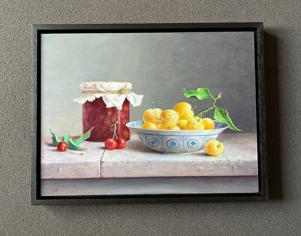 Kersen in een weckpot en pruimen in een schaal Hans Habraken, Paneel, Realistisch, Stilleven, Ophalen of Verzenden