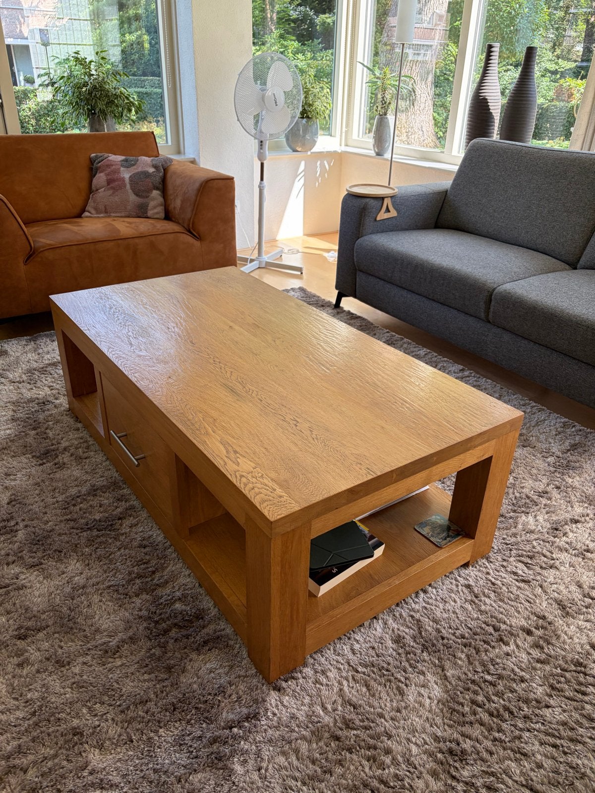 Massief Blank Eiken Salontafel met Lade - 135x70x45 cm, Ophalen, Gebruikt, 50 tot 100 cm, 100 tot 150 cm