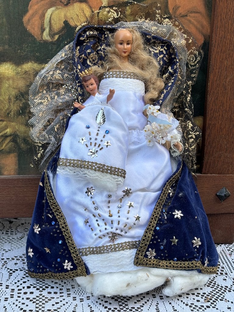 Vintage religieus beeld pop van Maria met het kindje Jezus, Verzamelen, Ophalen of Verzenden, Gebruikt, Beeld(je)