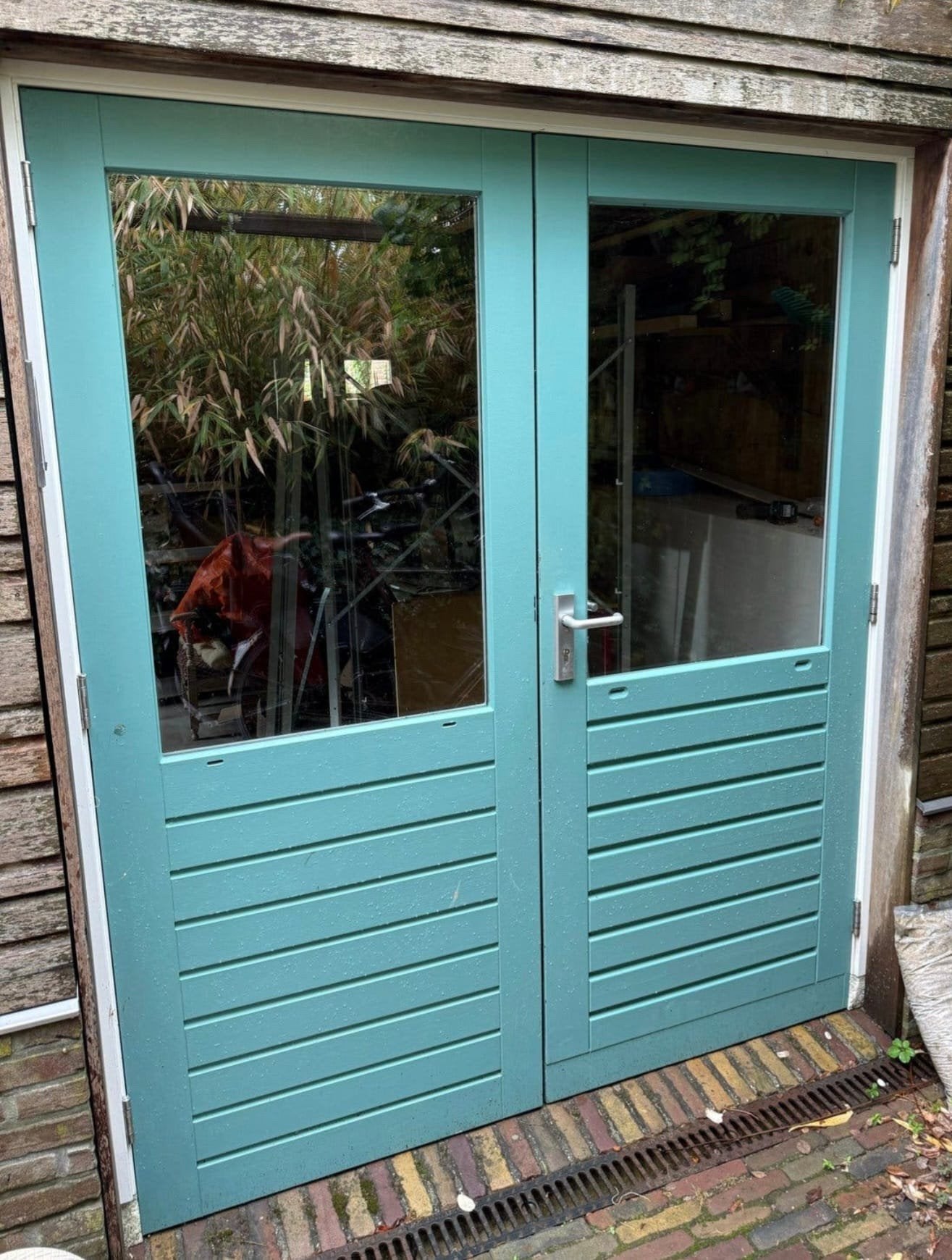 2x set dubbele deuren met kozijn, Ophalen, Gebruikt, Hout, Garagedeur